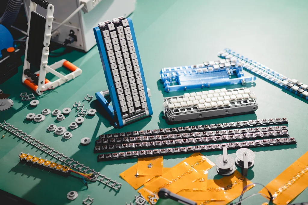 The Gboard Conveyor Belt Version DIY kit laid out on a workbench, with key belts, flexible PCBs, and 3D-printed parts